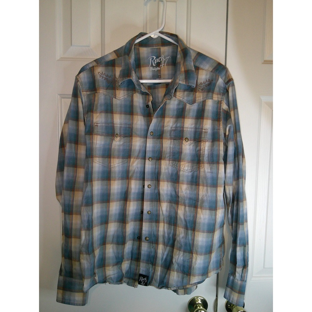 Rock 47 Wrangler Plaid Western Shirt Embroidered Long Sleeve Mens‎ L